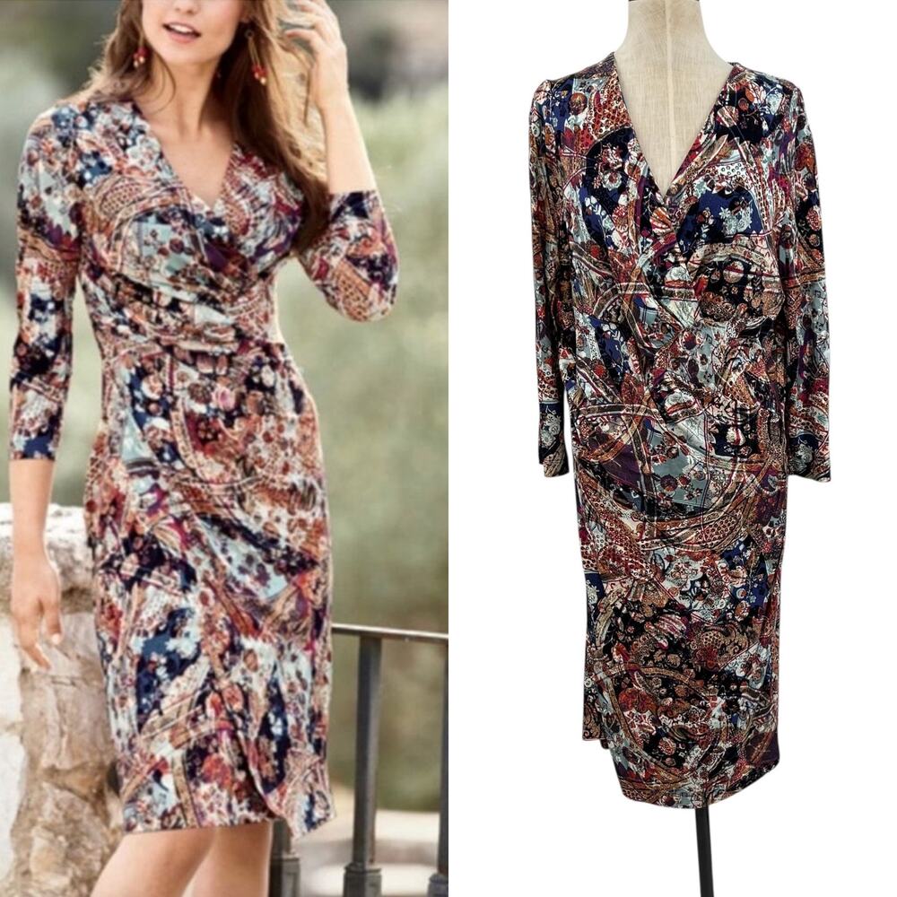 Peruvian Connection Imari Faux Wrap Dress Jersey Abstract Print Size XL